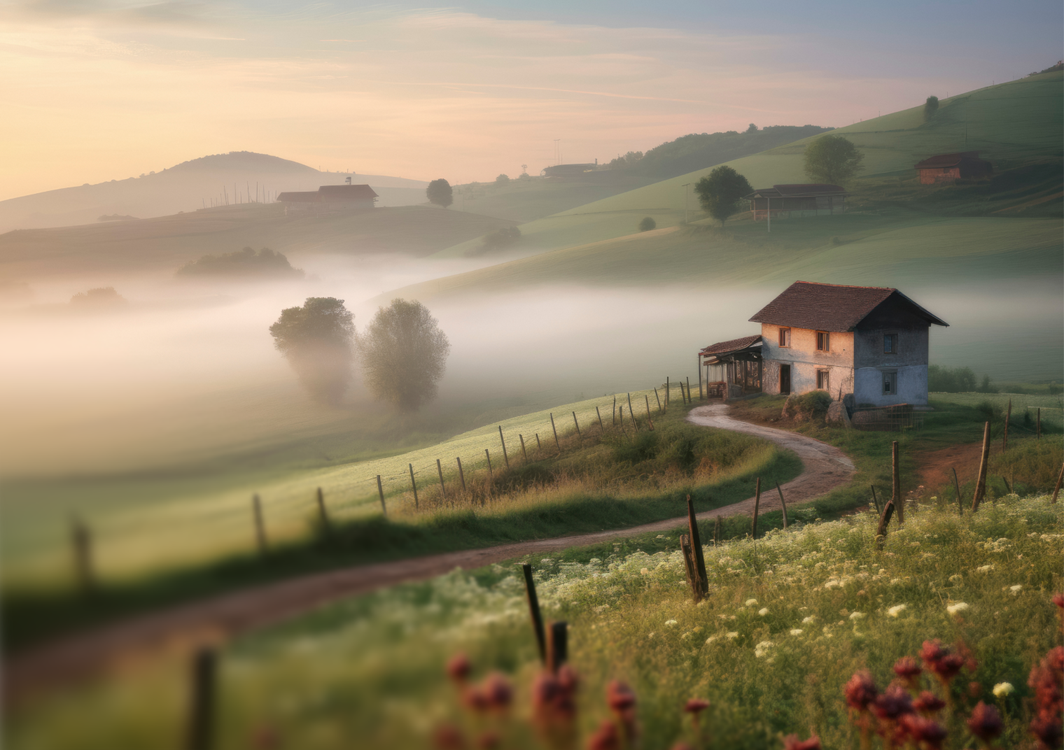 Misty morning over rolling hills with a lone farmhouse