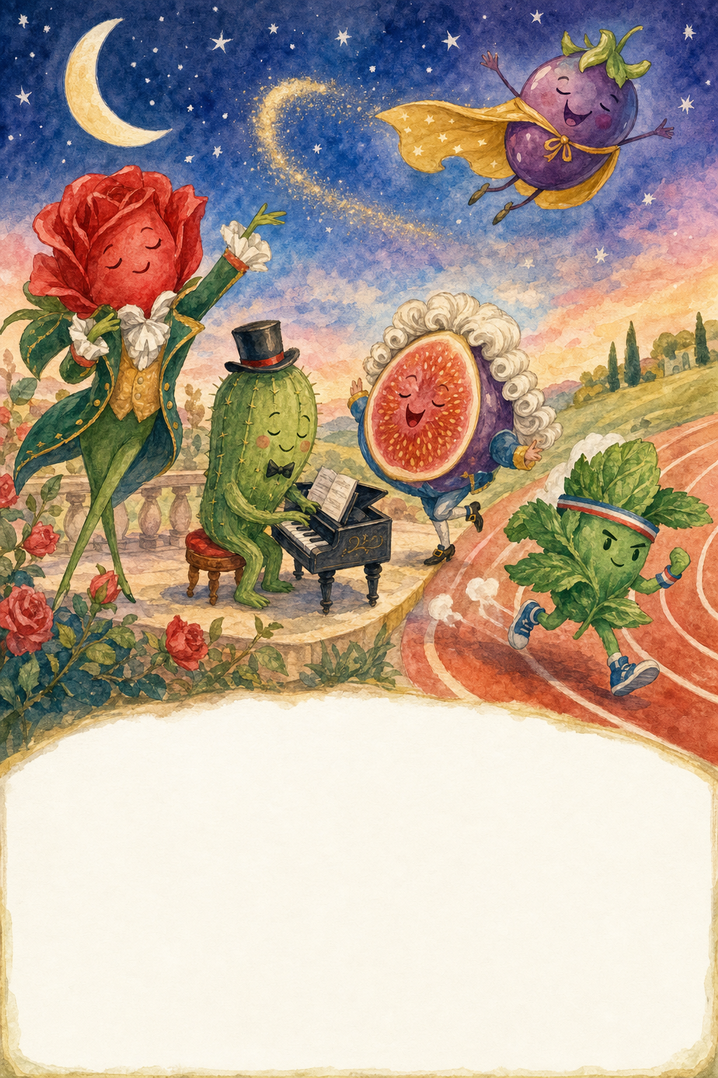 If A… — whimsical plants and fruits in mid-absurd-action