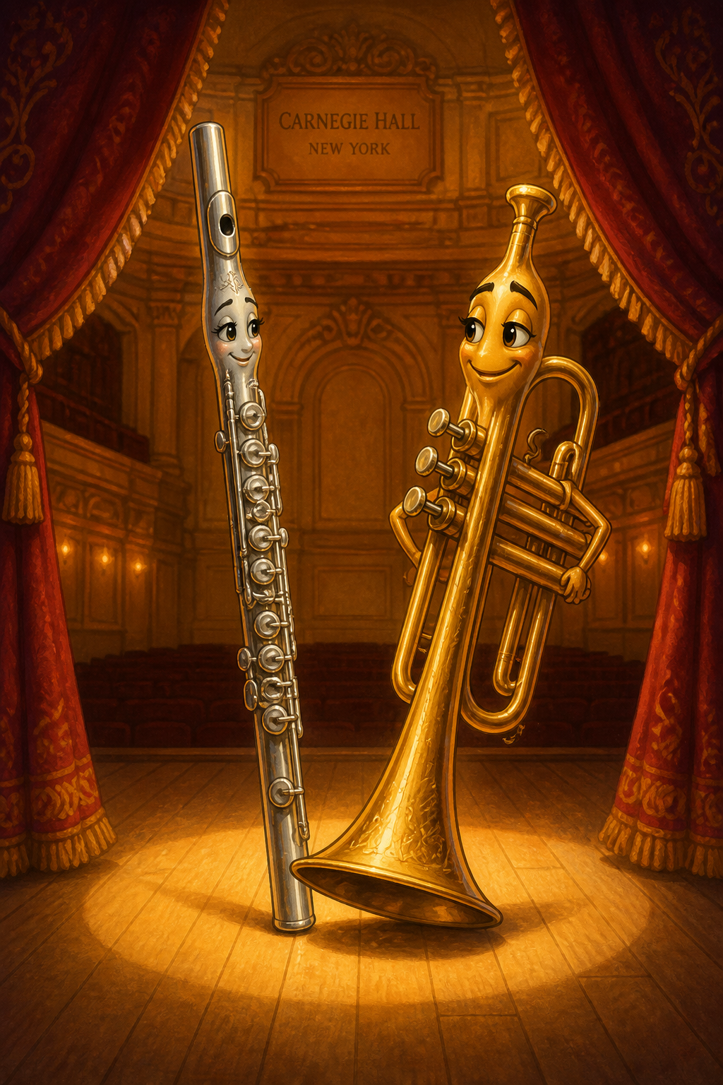 Tatiana and Tucker — a flute and trumpet on stage